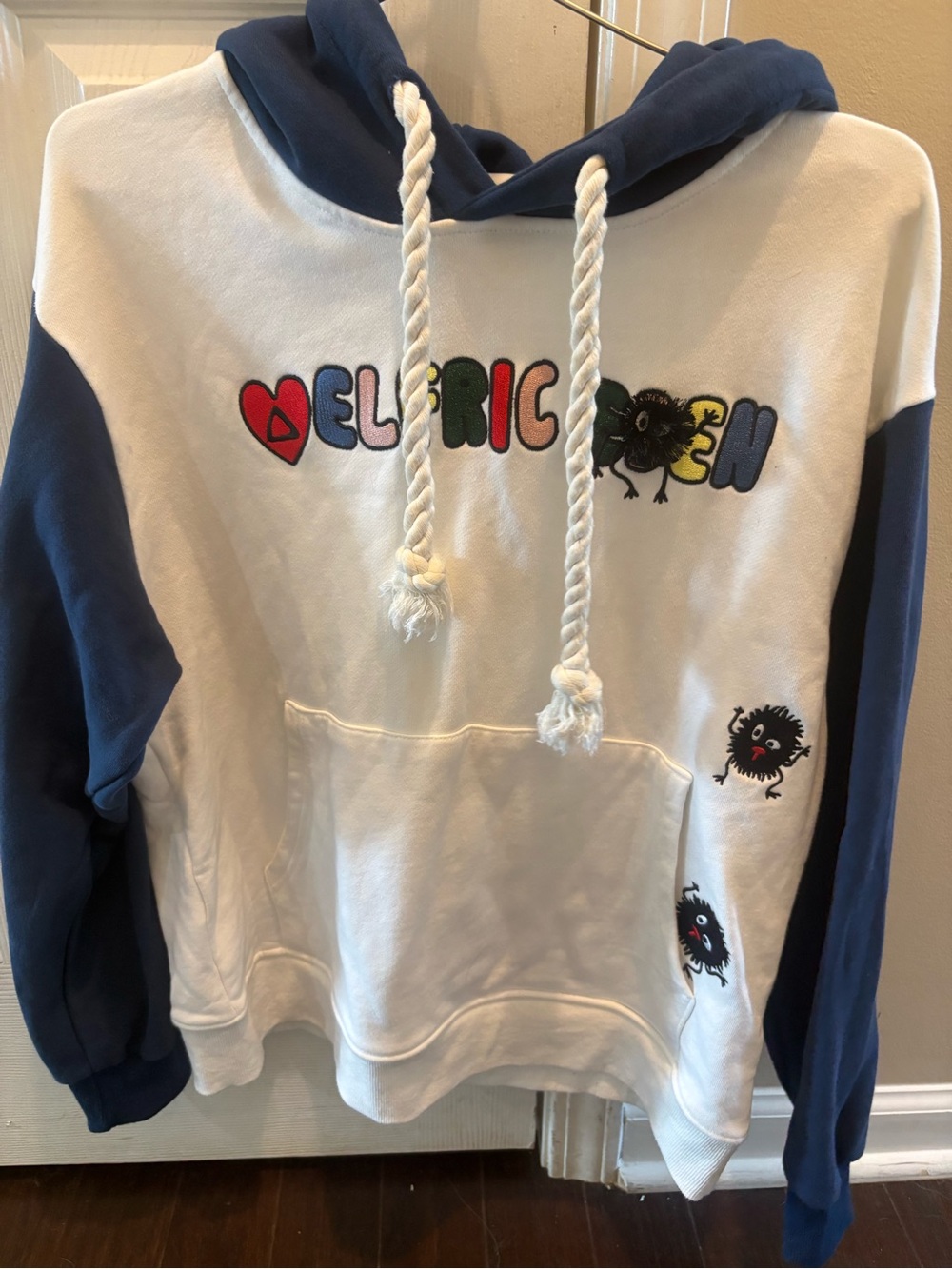Aelfric Eden White and Navy Colorblock Hoodie with Embroidered Characters XS